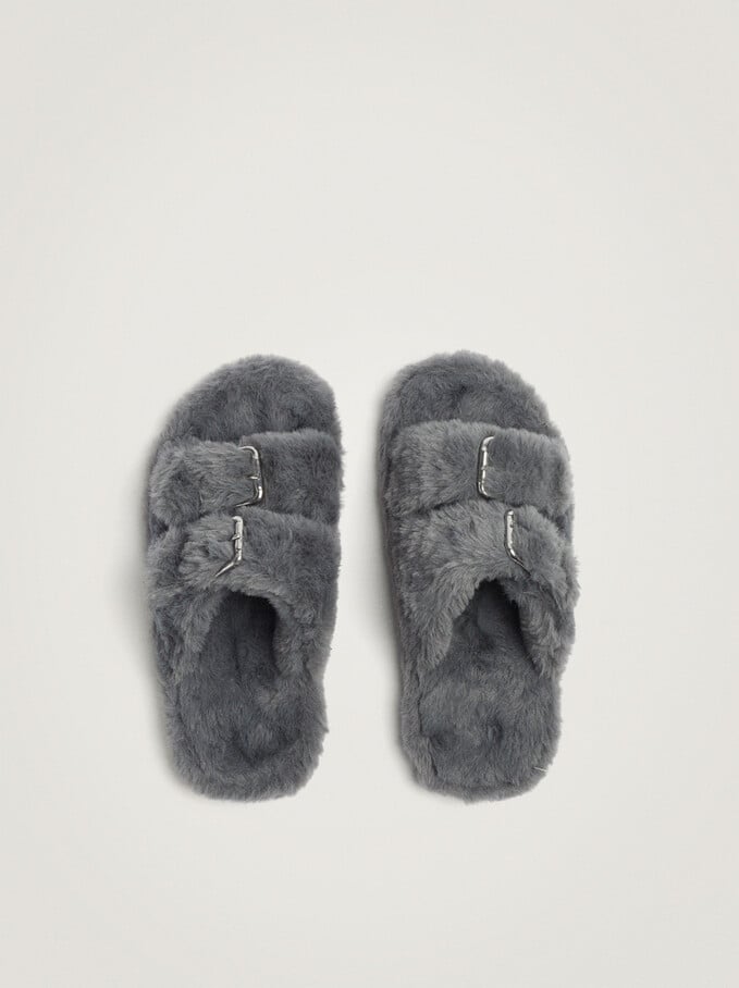 Faux Fur Slippers With Buckles, Grey, hi-res