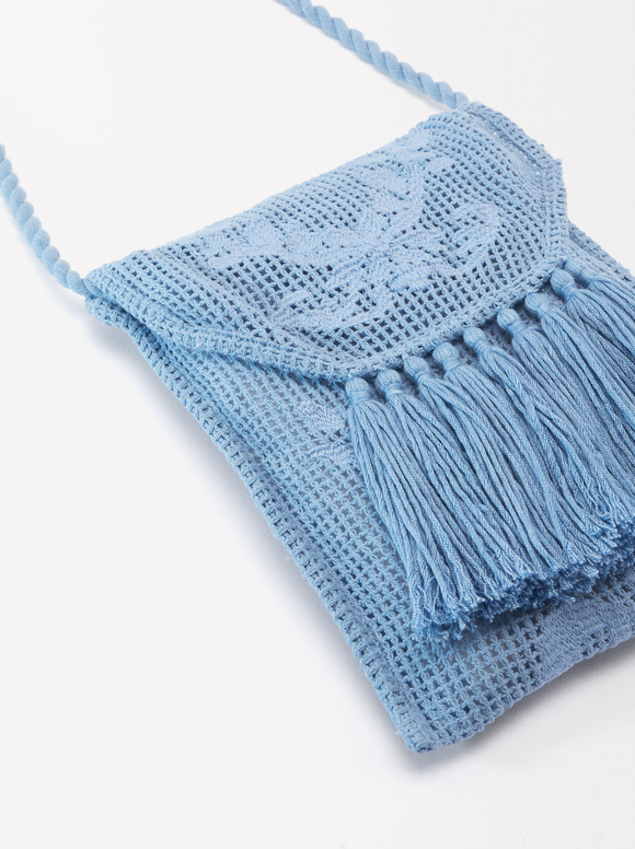 Crochet Crossbody Bag, Blue, hi-res