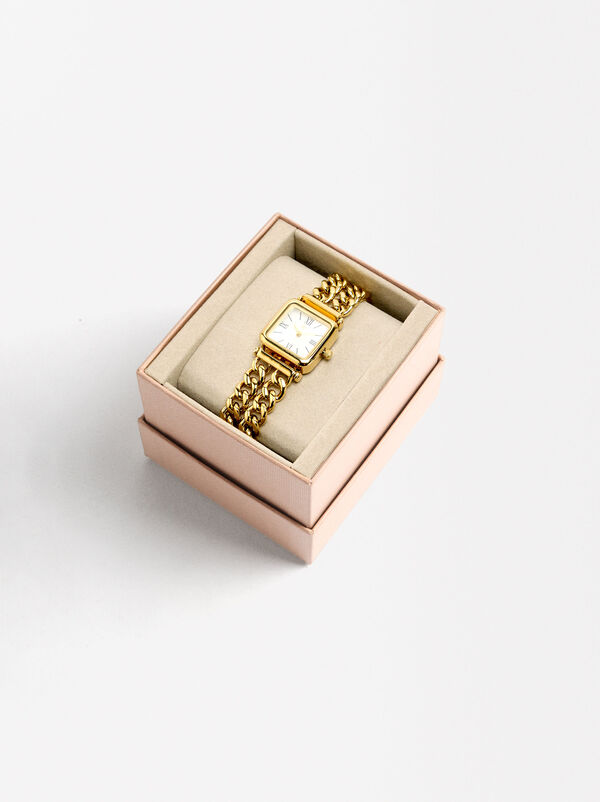 Square dial watch with chain bracelet