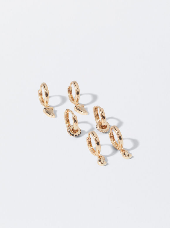 Set Goldene Ohrringe Mit Zirkoniasteinen, Schwarz, hi-res