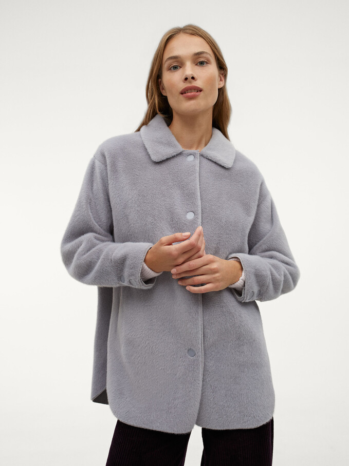 Fur Coat With Pockets And Button Closure, Grey, hi-res