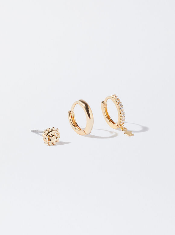 Set Of Earrings With Zirconias, Golden, hi-res