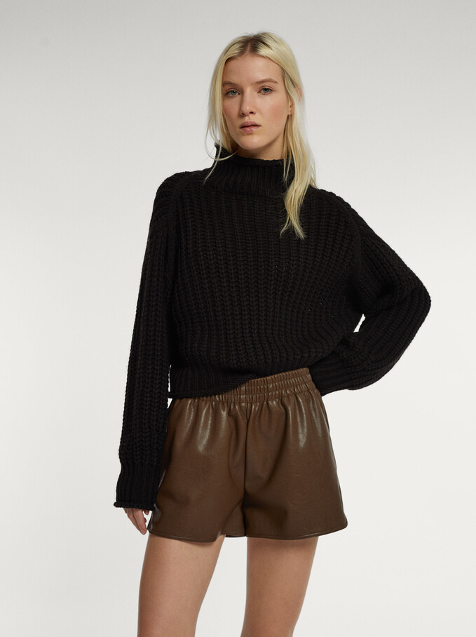 Textured Leather Shorts, Brown, hi-res