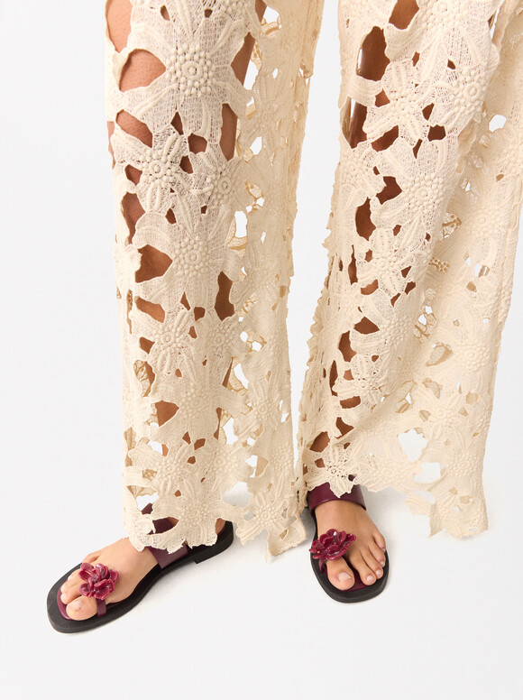 Online Exclusive - Embroidered Cotton Pants, Ecru, hi-res