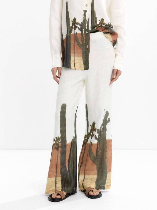 100% linen printed trousers