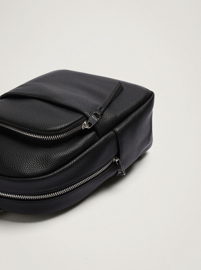 Embossed Backpack With Exterior Pockets, Black, hi-res