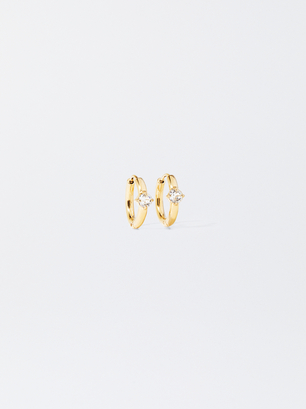 Stainless Steel Hoop Earrings With Crystals, Golden, hi-res