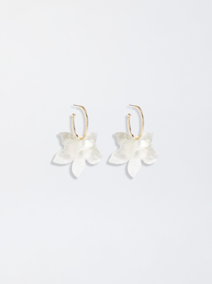 Golden Flower Hoop Earrings, White, hi-res
