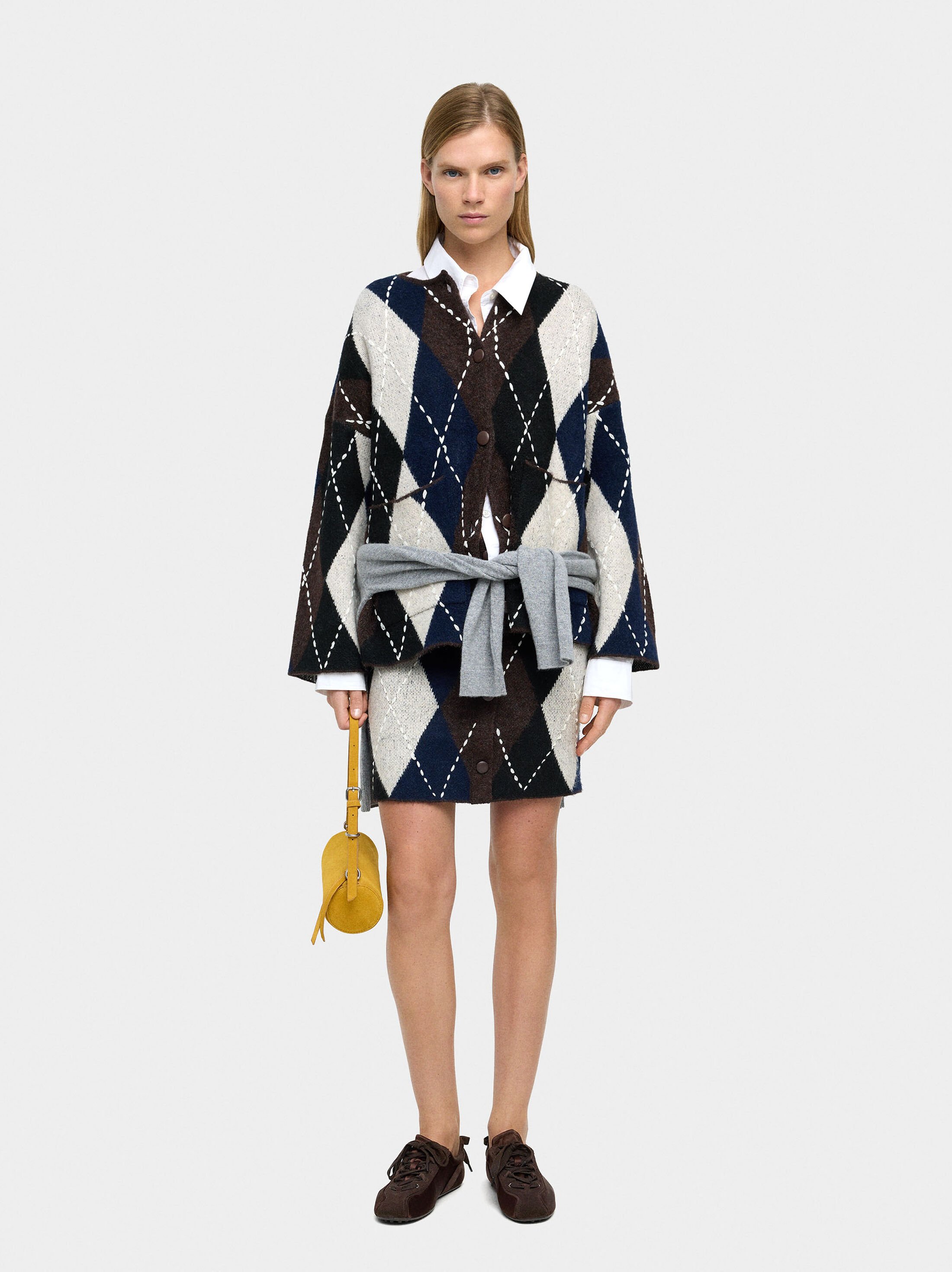 Knit cardigan with argyle and embroidery image number 4.0