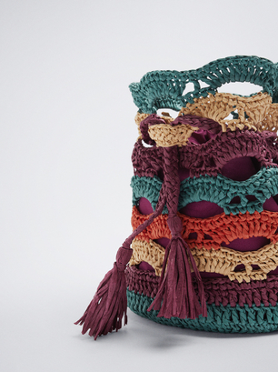 Handmade Straw-Effect Bucket Bag, Multicolor, hi-res
