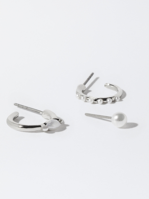 Set Of Hoop Earrings With Pearls, Silver, hi-res