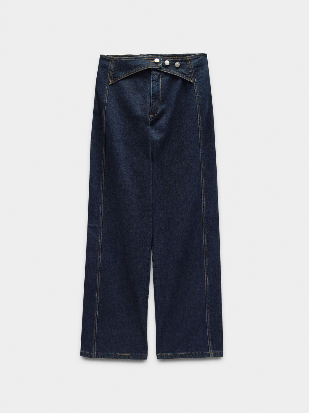 Denim trousers with overlap closure