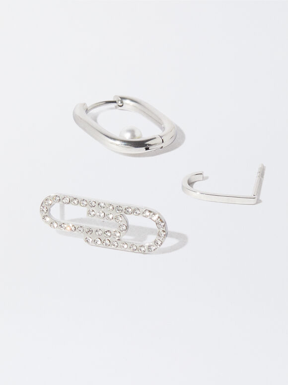 Set Of Stainless Steel Earrings, Silver, hi-res