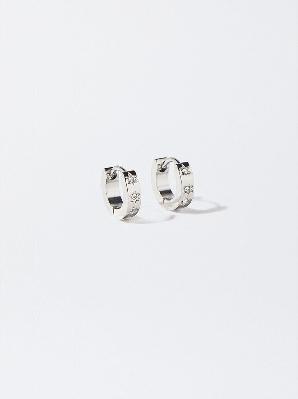 Stainless Steel Crystals Hoop Earrings, Silver, hi-res