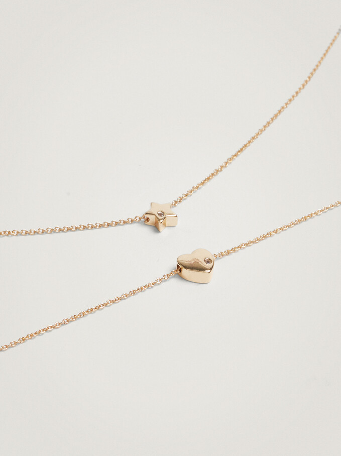 Short Necklace With Charms And Zirconia, Golden, hi-res