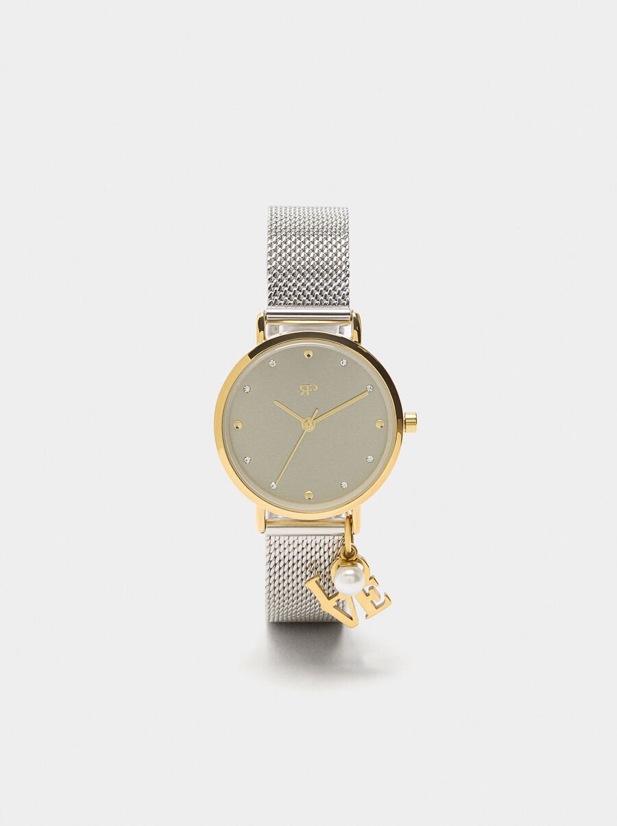 Bicolor watch with metallic mesh and charm