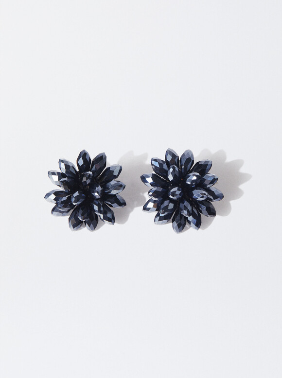 Crystal Flower Earrings, Blue, hi-res