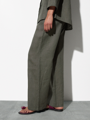 100% Linen Trousers, Green, hi-res