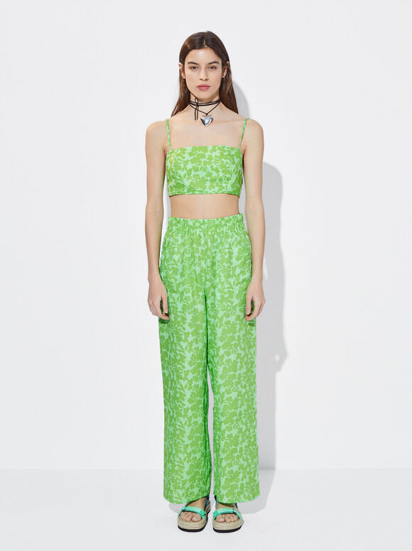 Linen Printed Trousers, Green, hi-res