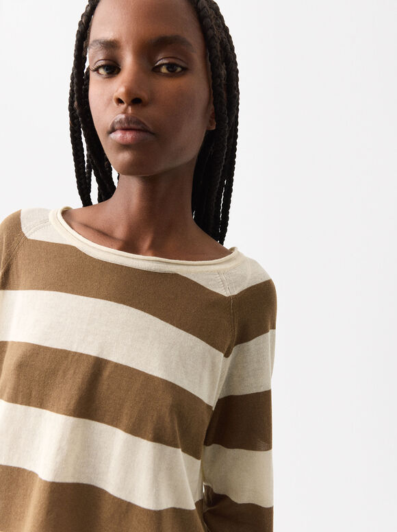 Striped Knit Sweater, Brown, hi-res
