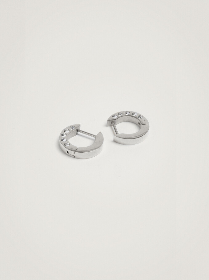 Short Stainless Steel Swarovski Crystals Hoop Earrings, Silver, hi-res