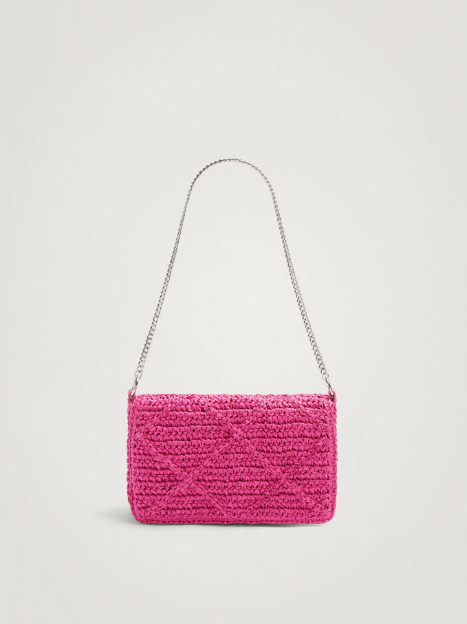 Straw Bag With Chain Strap, Pink, hi-res