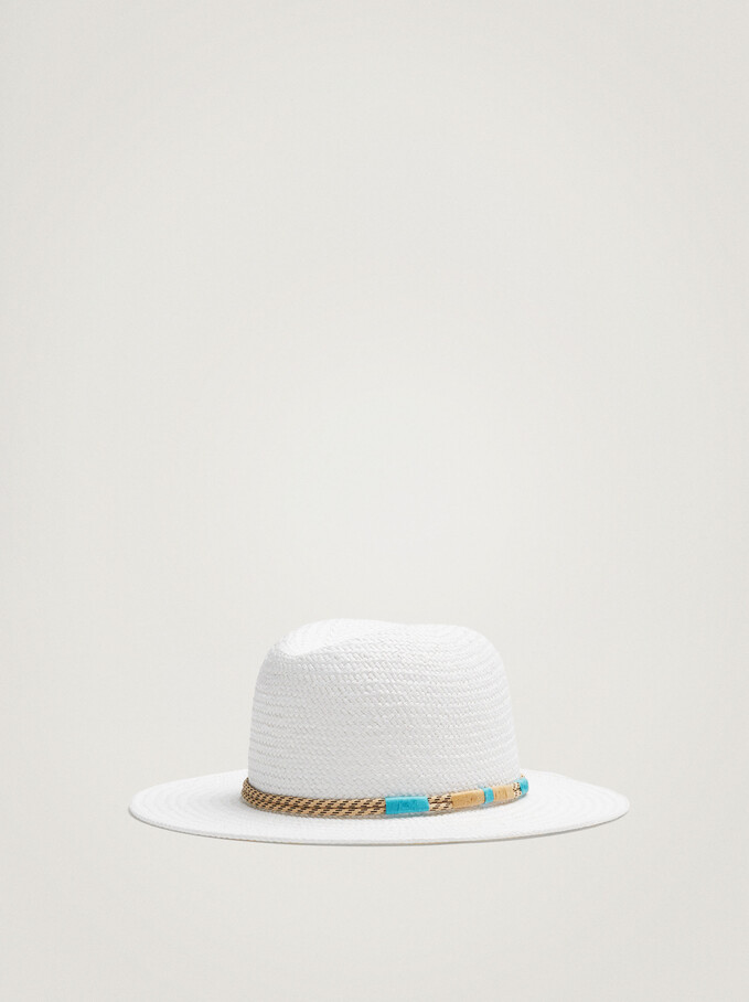 Straw Hat With Drawstring, White, hi-res