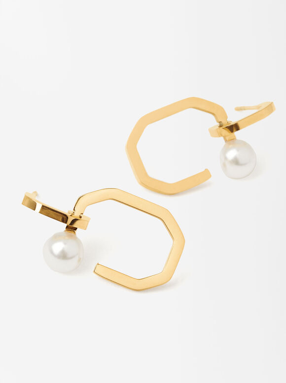 Stainless Steel Earrings With Pearls, Golden, hi-res