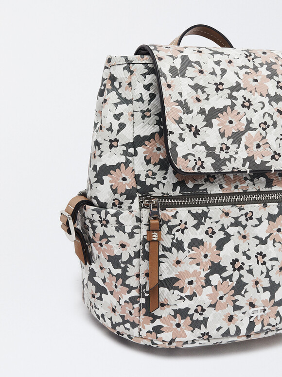 Floral Print Backpack, Khaki, hi-res