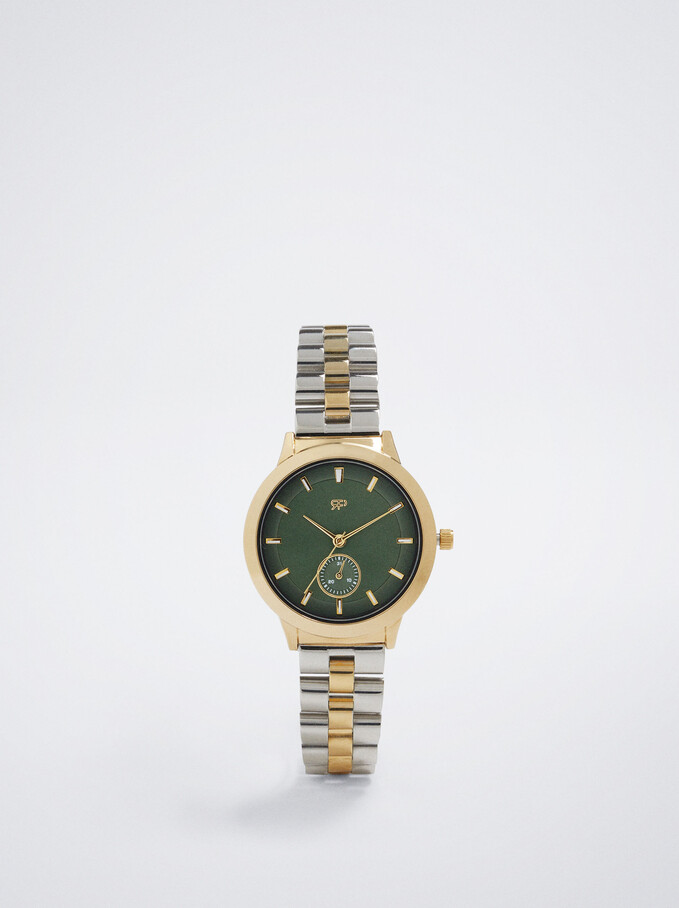 Watch With Two-Toned Steel Strap, Green, hi-res