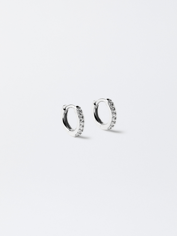 931 Silver Personalised Hoop Earrings With Zirconias, Silver, hi-res