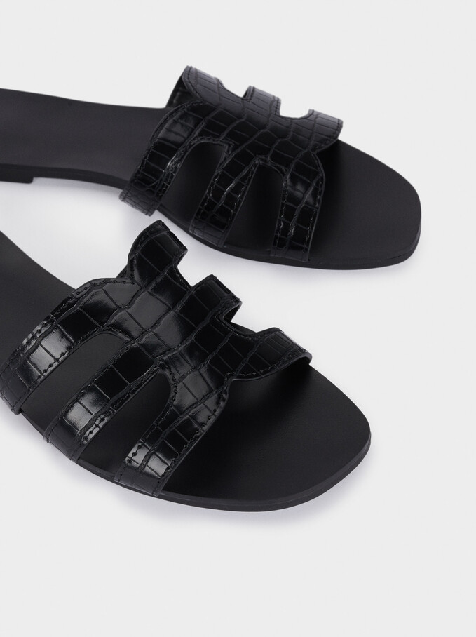 Embossed Animal Print Flat Sandals, Black, hi-res