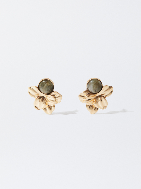 Flower Earrings With Stone, Green, hi-res