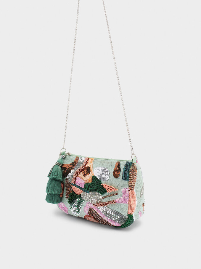 Party Handbag With Beaded Strap, Green, hi-res