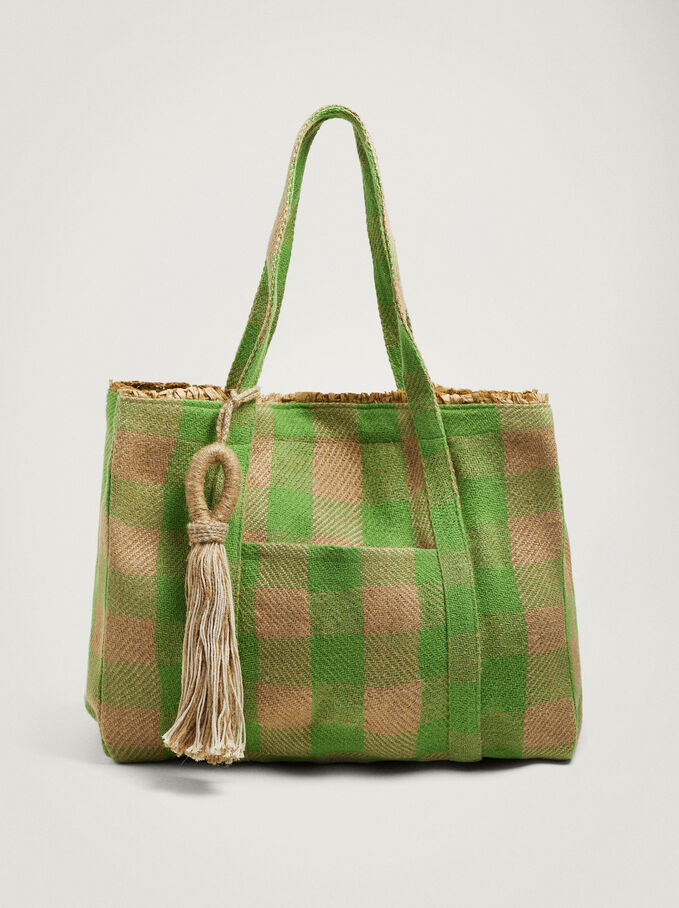 Gingham Shopper Bag With Pendant, Green, hi-res