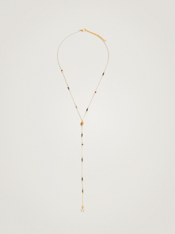 Long Necklace With Stone And Beads, Golden, hi-res