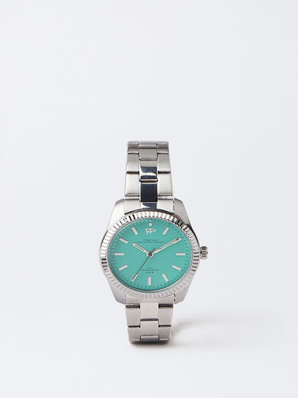 Watch With Steel Wristband, Green, hi-res
