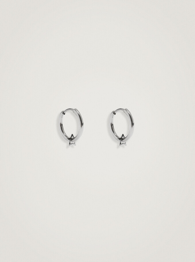 Short Stainless Steel Hoops With Stars, Silver, hi-res