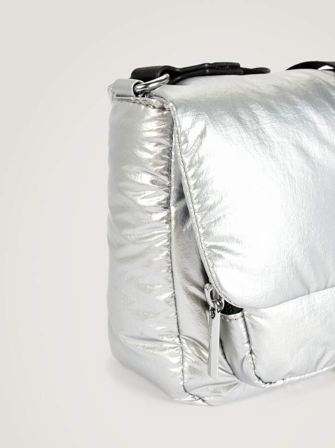 Nylon Crossbody Bag With Buckle, Silver, hi-res