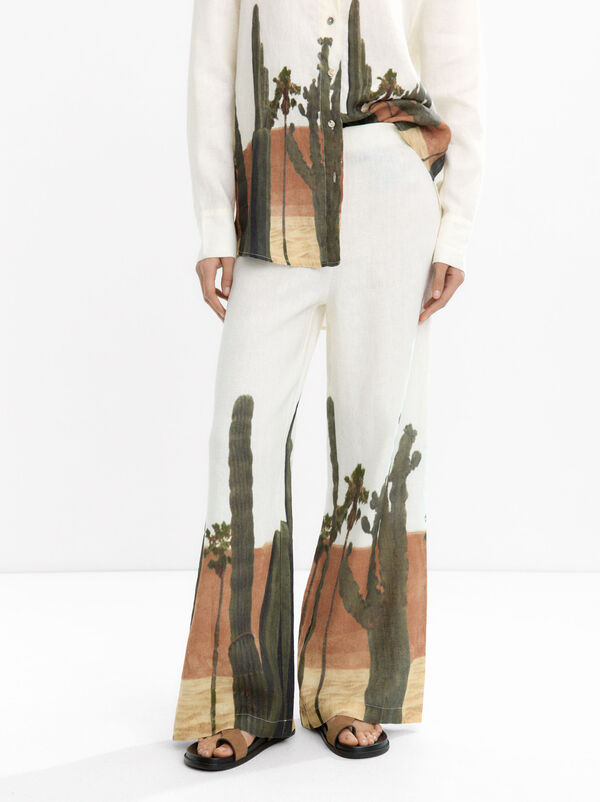 100% linen printed trousers