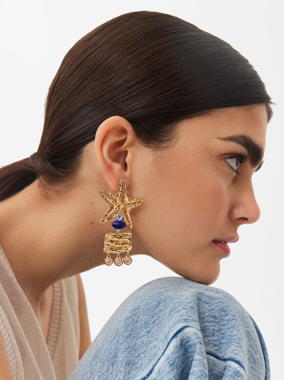 Gold Star Earrings, Blue, hi-res