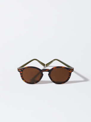 Round Tortoiseshell Sunglasses, Khaki, hi-res