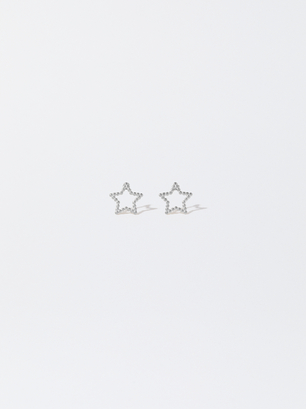 Stainless Steel Earrings With Stars, Silver, hi-res