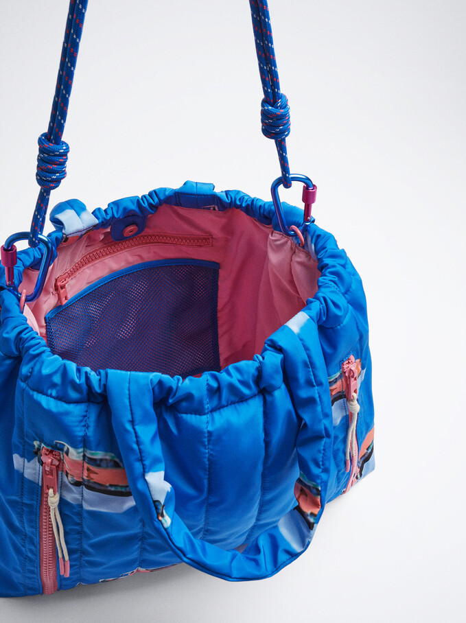 Nylon Printed Shopper Bag, Blue, hi-res