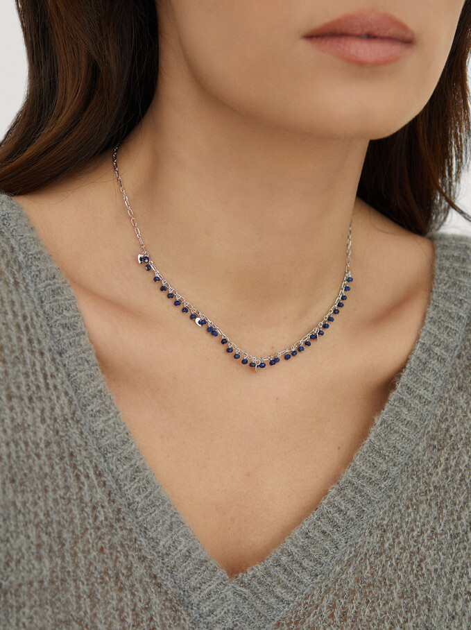 Short 925 Silver Necklace With Stones And Hearts, Navy, hi-res