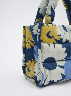 Floral Print Denim Tote Bag, Blue, hi-res