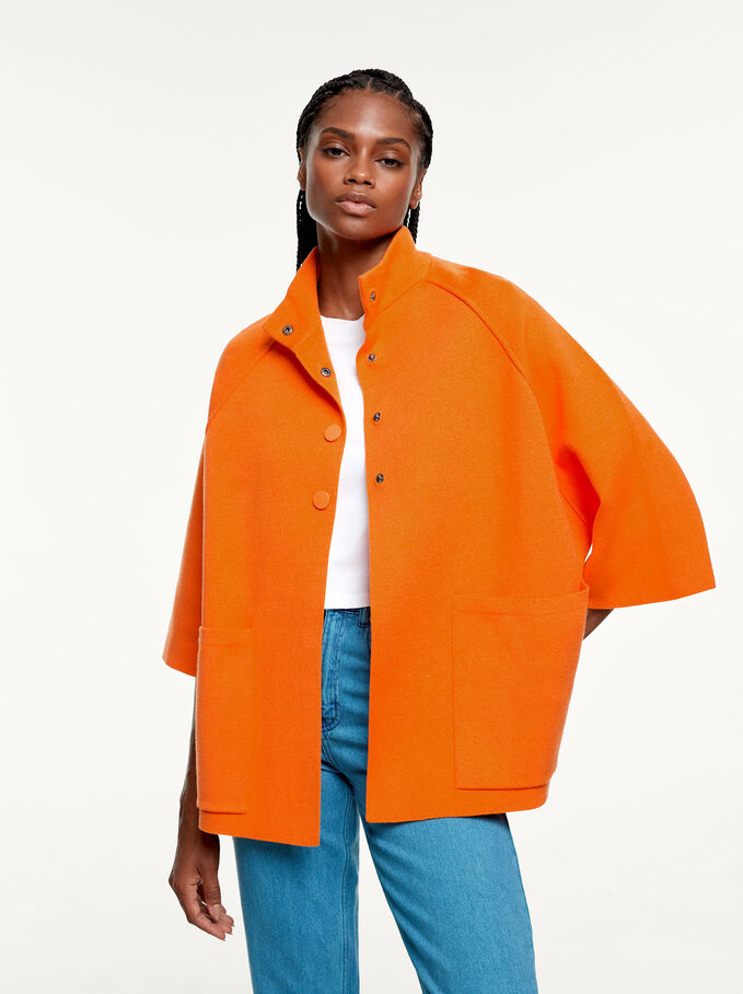 Knit Poncho With High Neck, Orange, hi-res