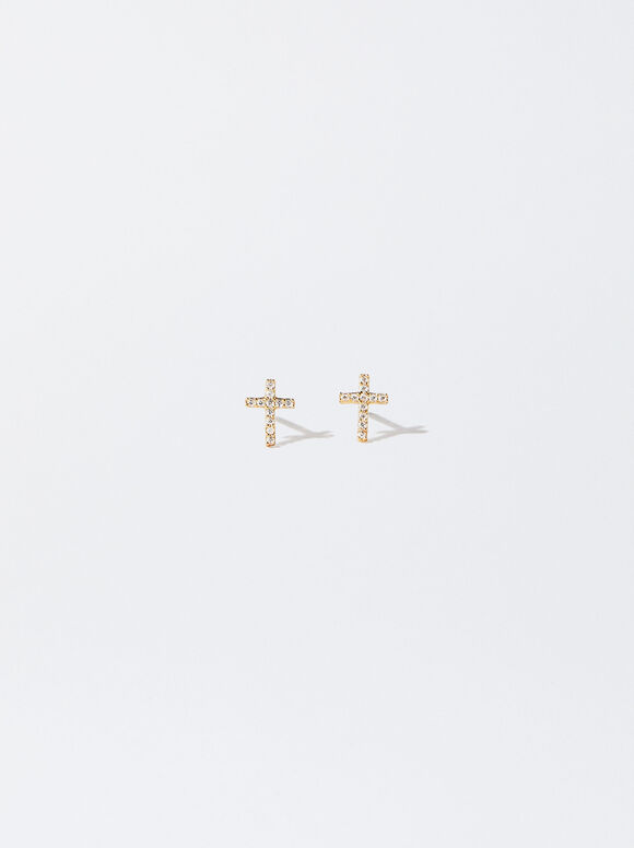 925 Silver Studs With Zirconia, Golden, hi-res