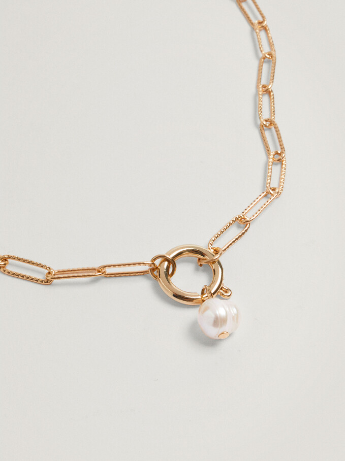 Short Chain Necklace With Pearl, Golden, hi-res