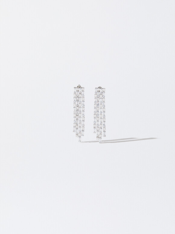 Long Earrings With Crystals, Silver, hi-res